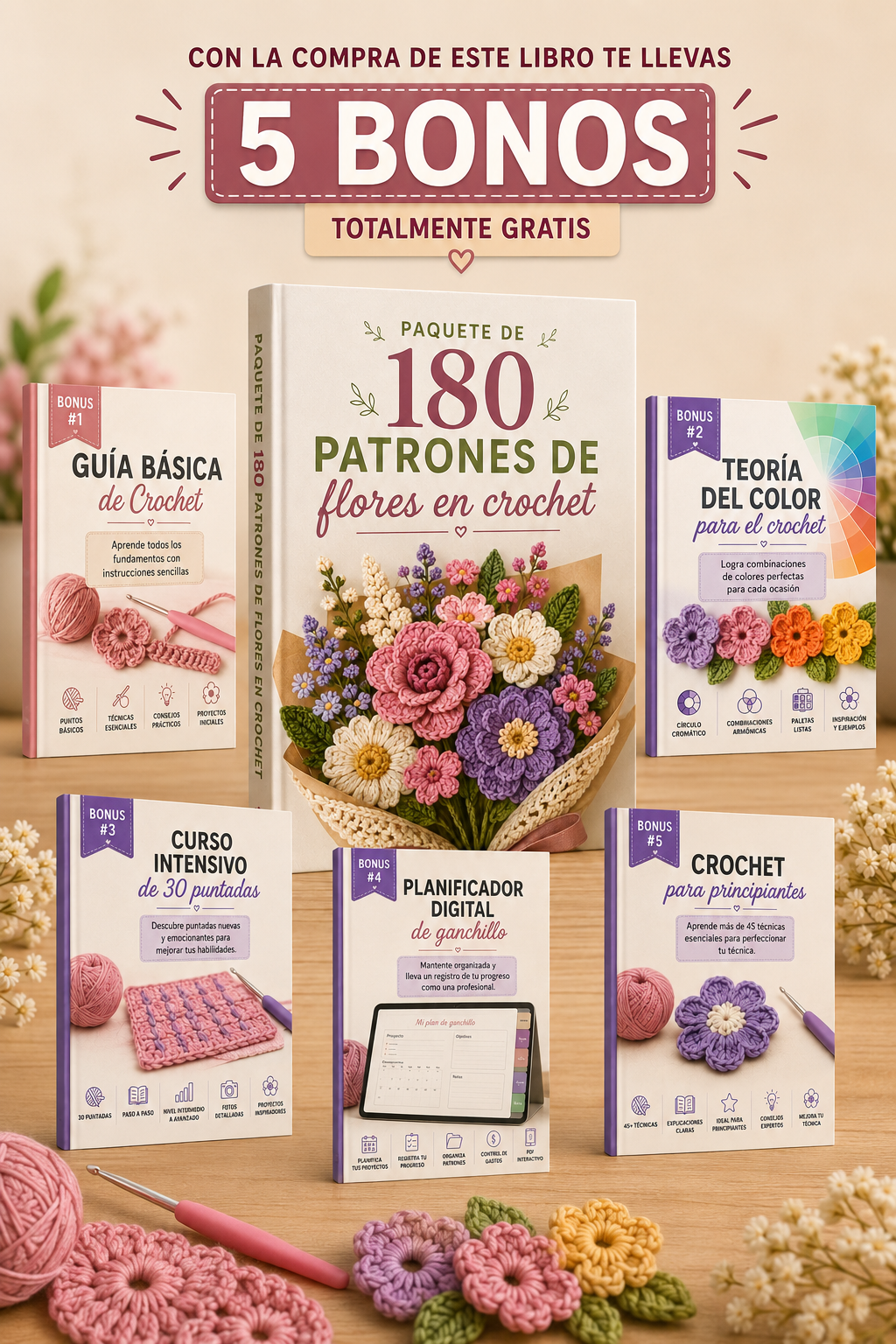 180 patrones de flores en crochet + 5 regalos exclusivos
